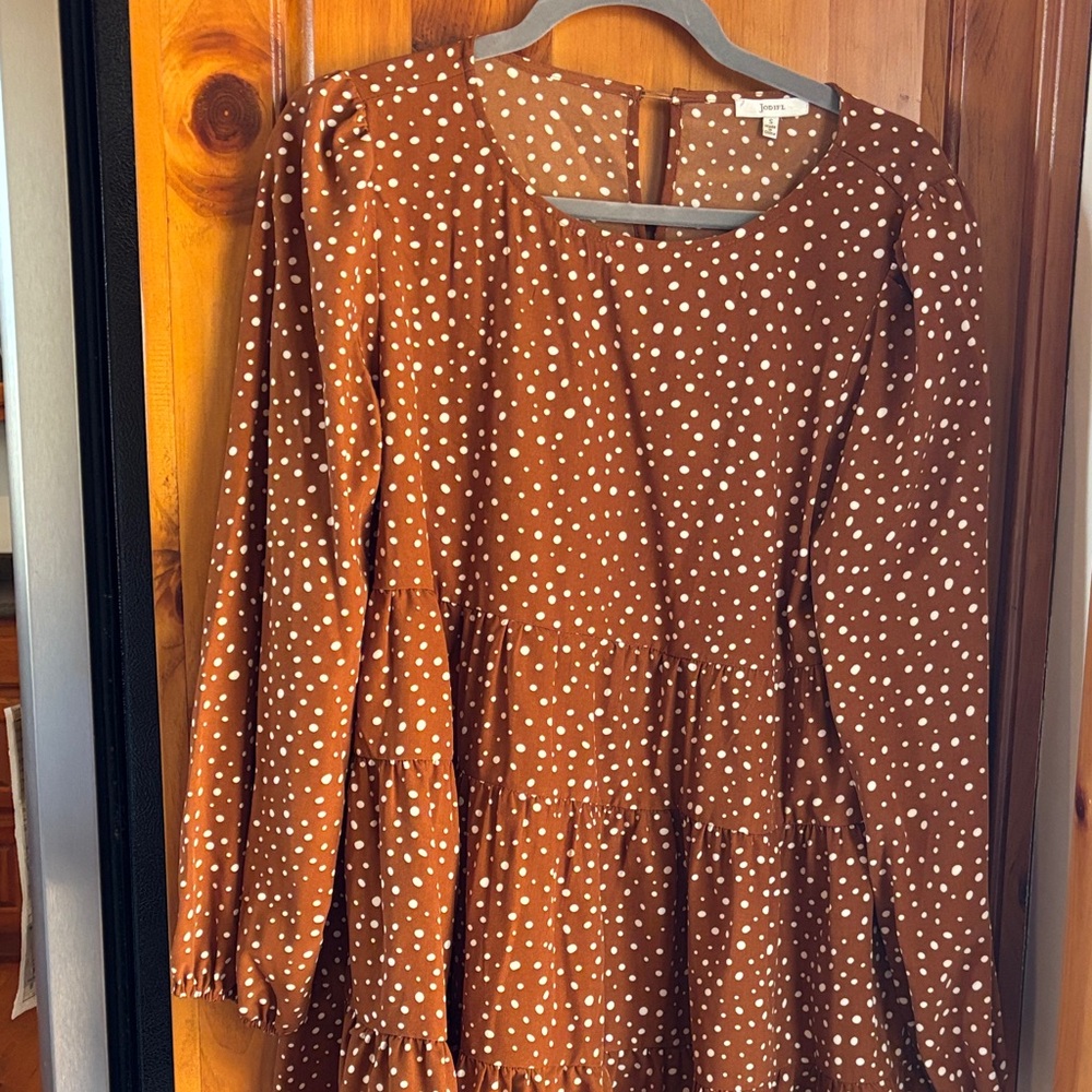 JODIFL Tan Dress with White Polka Dots